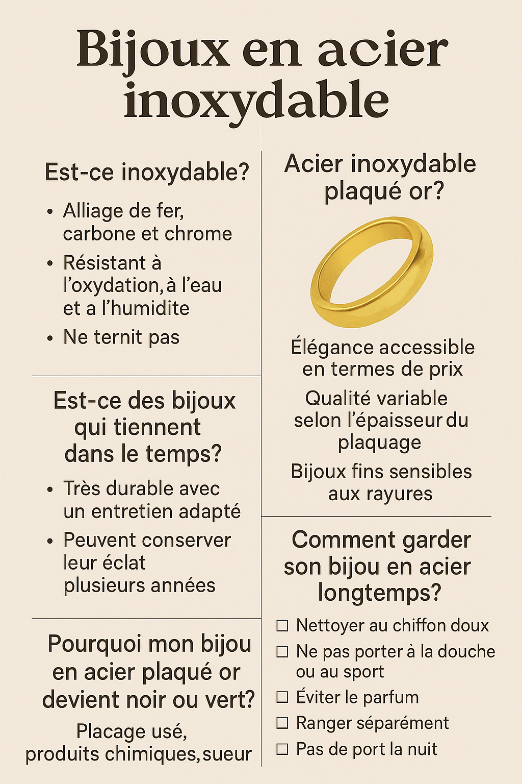Tout savoir sur les bijoux en acier inoxydable : durabilité, plaquage or, entretien et qualité