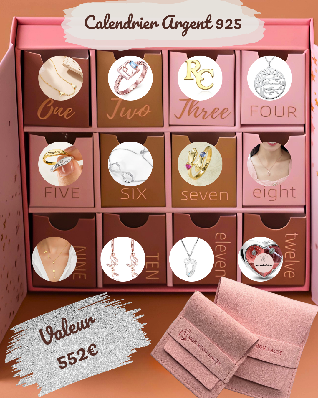 Calendrier de l'avent Argent 925 - Collection Prestige 100% personnalisées | 12 Bijoux en Argent Massif Personnalisables