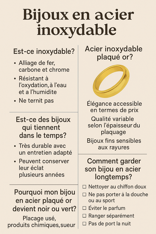 Tout savoir sur les bijoux en acier inoxydable : durabilité, plaquage or, entretien et qualité
