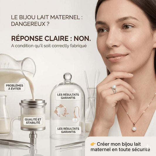 Infographie securite Mon Bijou Lacte : Femme avec bague perle de lait et materiel de filtration. Texte indiquant que le bijou en lait maternel n est pas dangereux si bien stabilise.