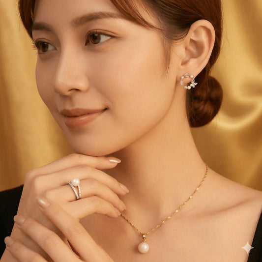 Collection de bijoux en lait maternel : bague en argent avec perle de lait, collier pendentif et boucles d'oreilles couronne fleurie portés par une femme.