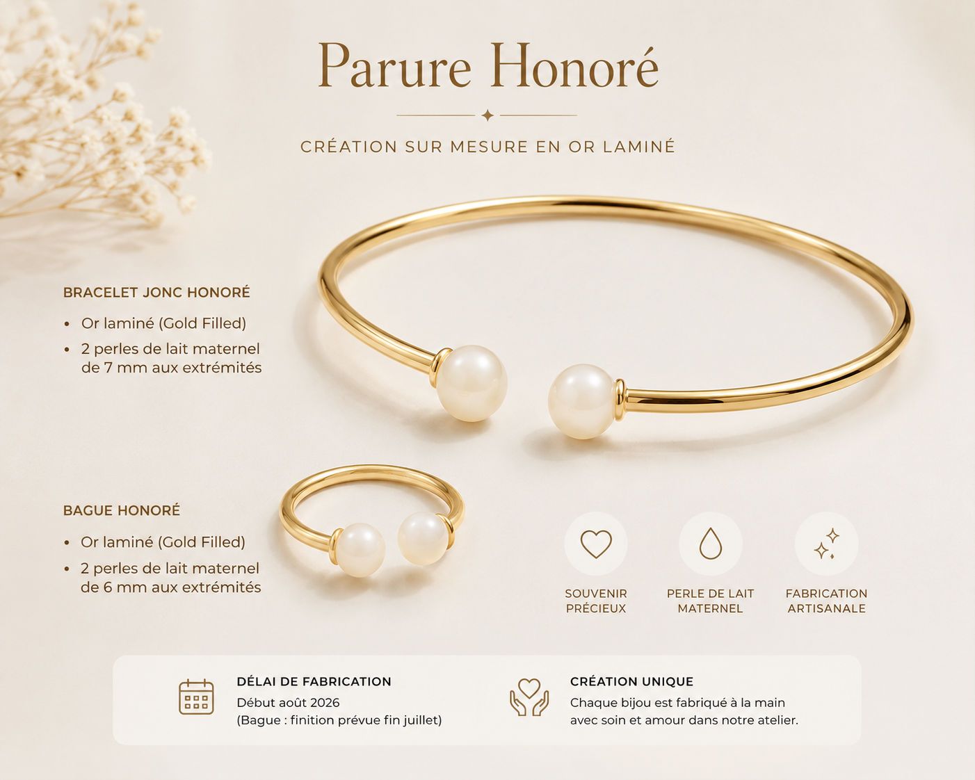Parure Honoré – Création sur mesure en Or Laminé – Bijoux au lait maternel artisanal Mon Bijou Lacté

