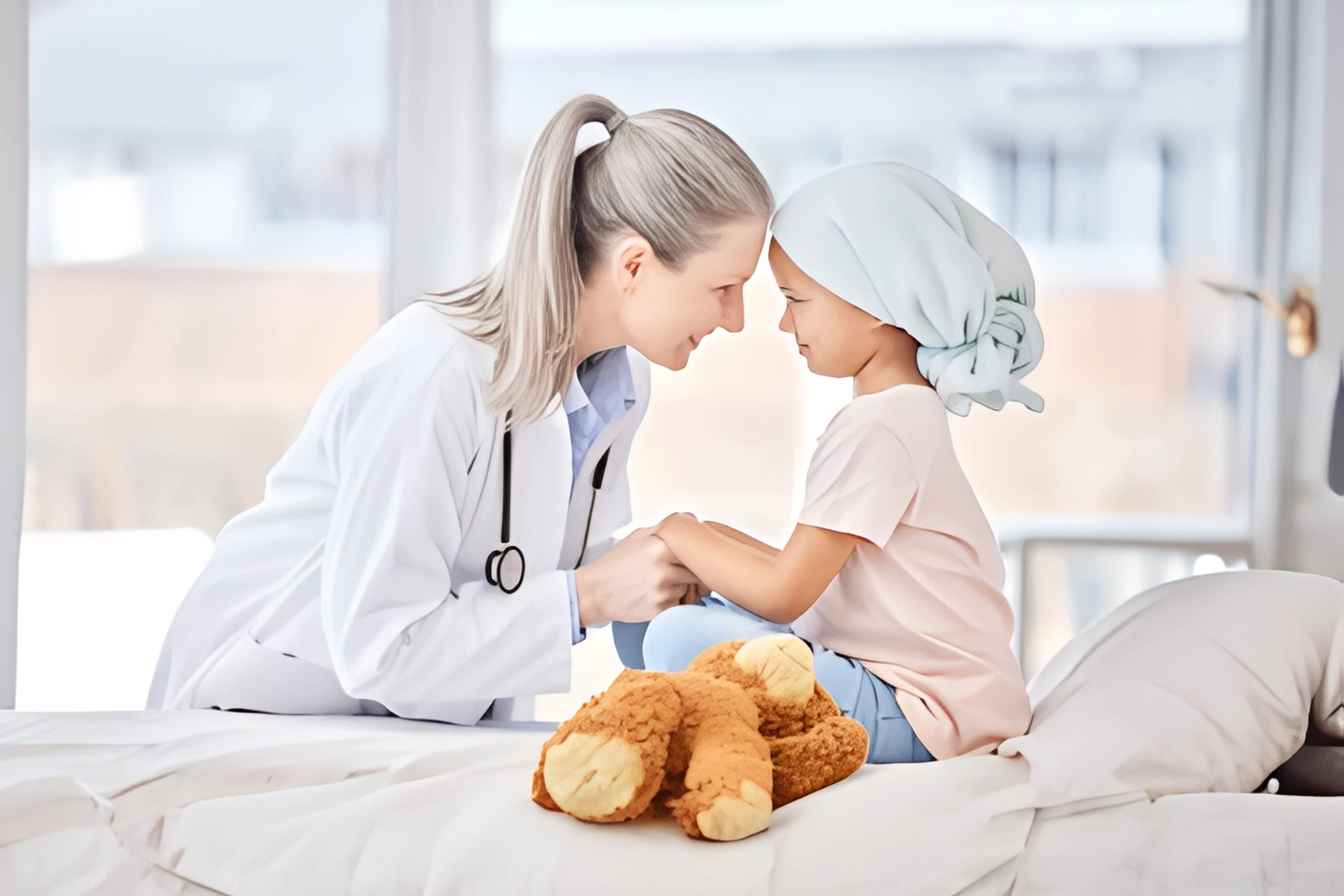 Une médecin souriante réconforte une petite fille portant un foulard, image symbolisant la solidarité et le soutien de Mon Bijou Lacté à l’association Grandir Sans Cancer.