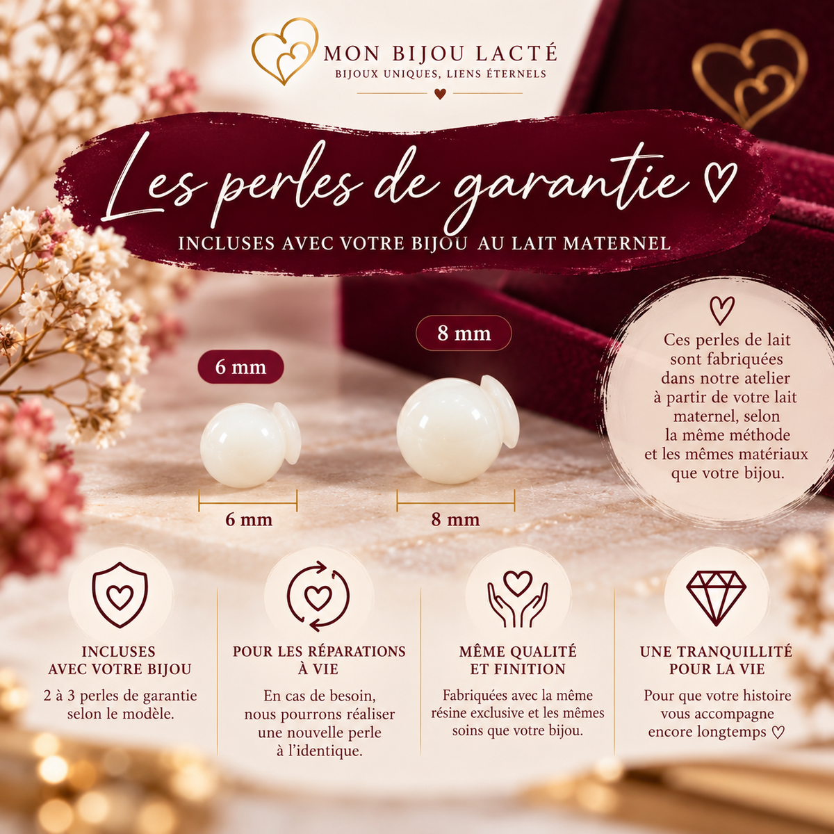 Perles brutes de lait maternel – Lots de 3 ou 6 perles – 6 mm ou 8 mm – Bijoux au lait maternel artisanal Mon Bijou Lacté

