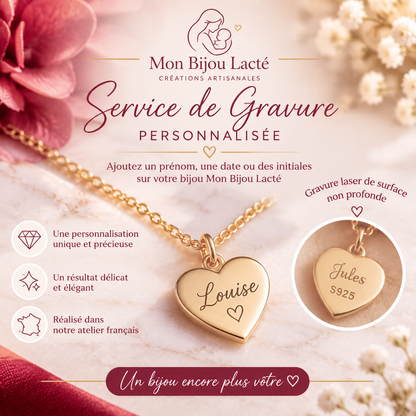 Service de gravure laser personnalisée d'un prénom sur pendentif cœur Mon Bijou Lacté