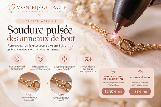 Service de soudure pulsée Puls-TIG des anneaux de bout de chaîne, réalisé dans l'atelier de bijouterie Mon Bijou Lacté.