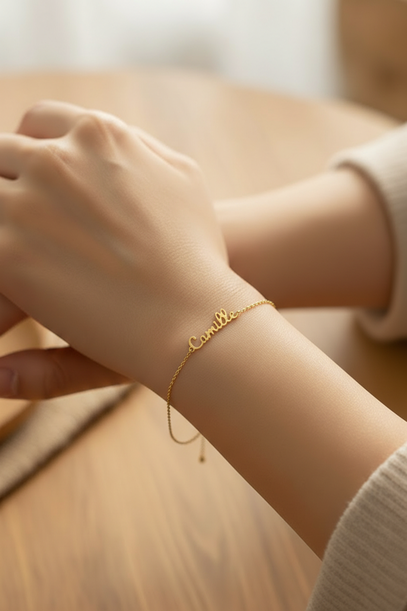 Bracelet personnalisé prénom en or – Bijoux au lait maternel artisanal Mon Bijou Lacté
