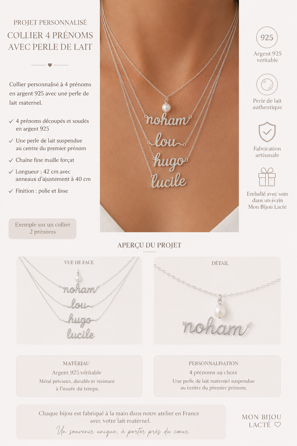 Collier 4 Prénoms avec Perle de Lait – Pour Margaux – Bijoux au lait maternel artisanal Mon Bijou Lacté
