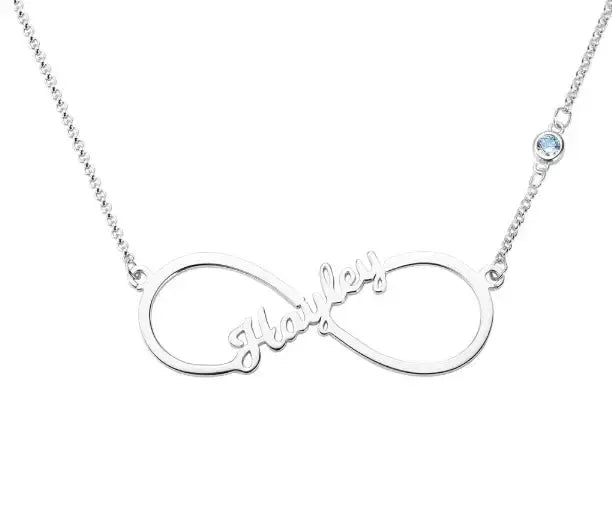 Collier Infinity Prénoms et pierres de naissance – Bijoux au lait maternel artisanal Mon Bijou Lacté
